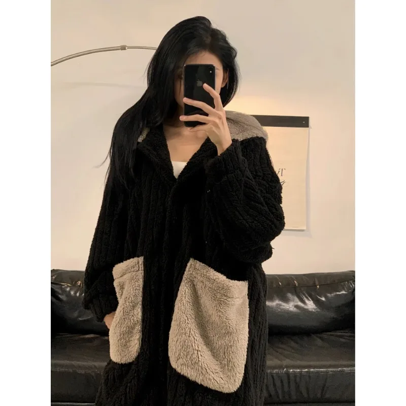 Bear Coral Velvet Long Robe Female Autumn and Winter Models Padded and Thickened Hooded Pajamas Winter Homewear Outer Wear women