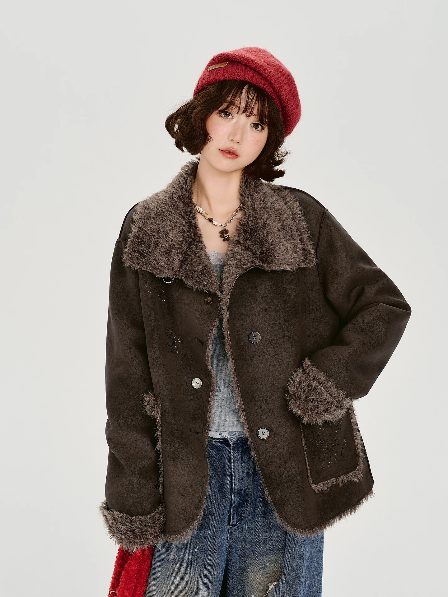 

Girly American Retro Lapel Suede Fur Inteated Jaet Women Winter New Loose Coat Top Casual Sle Long Sve Zipper