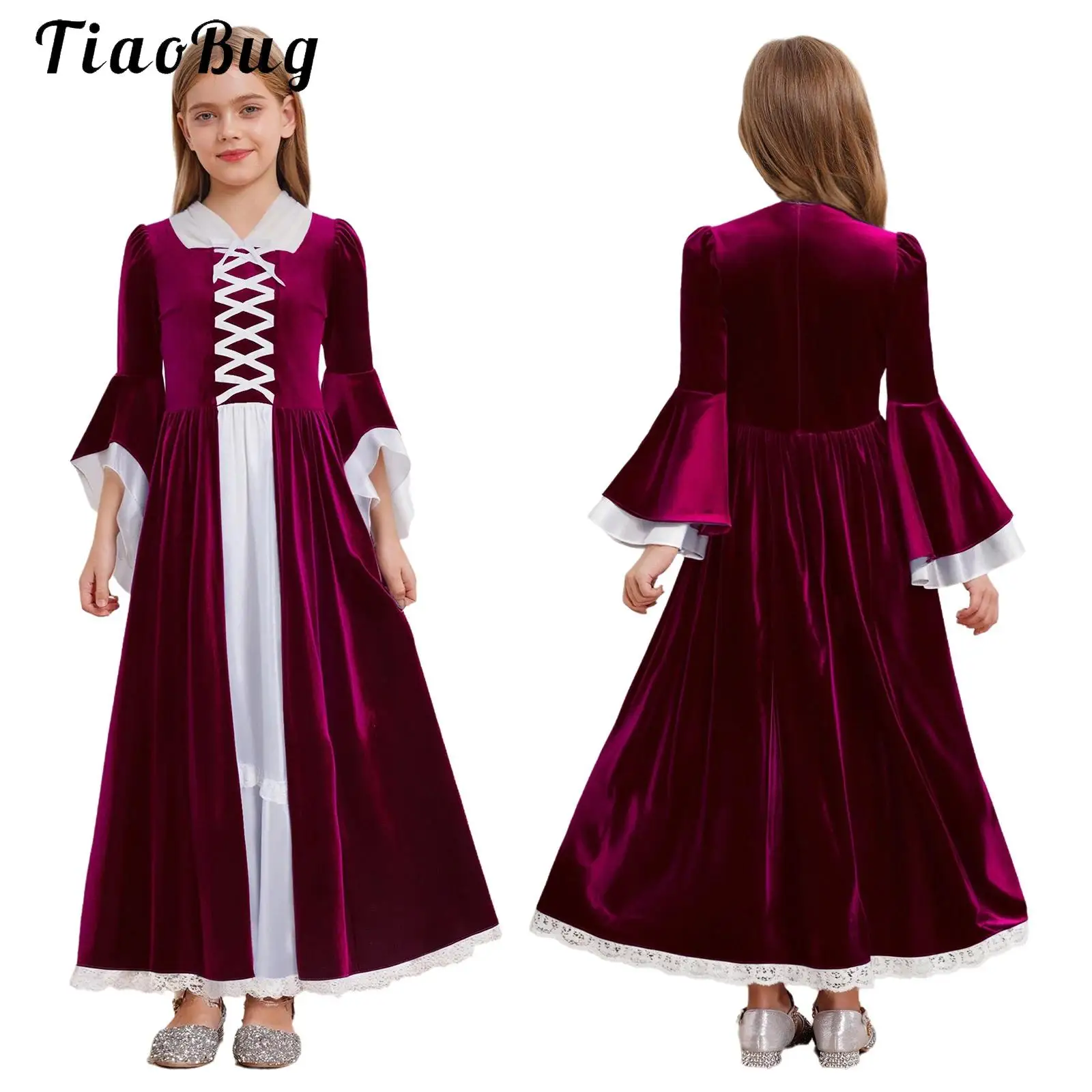 

Historical Girls Velvet Dress Halloween Medieval Renaissance Princess Cosplay Gown Costumes Bell Sleeve Victorian Maxi Dress