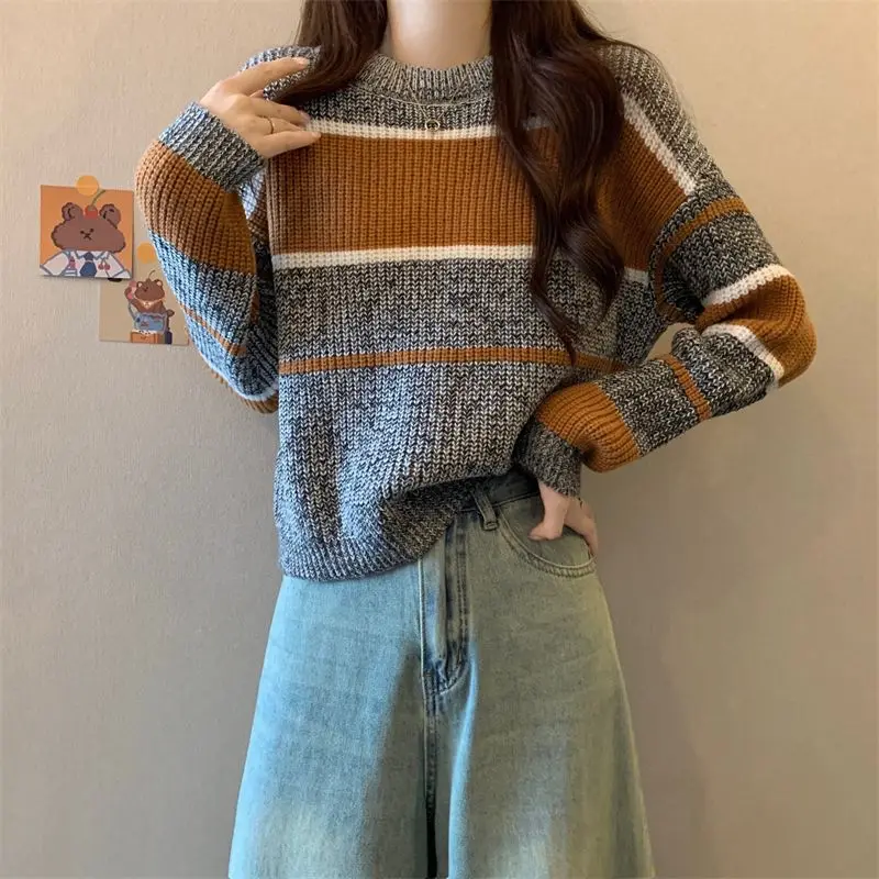 Vintage O-neck Contrast Striped Pullovers Autumn Winter New Long Sleeve Loose Youth Lazy Sweaters Fashion Casual Women Clothing