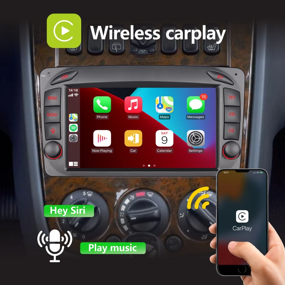 Car Radio with Wireless Carplay Android Auto for Mercedes Benz CLK W168 W203 W209 Vaneo with 7