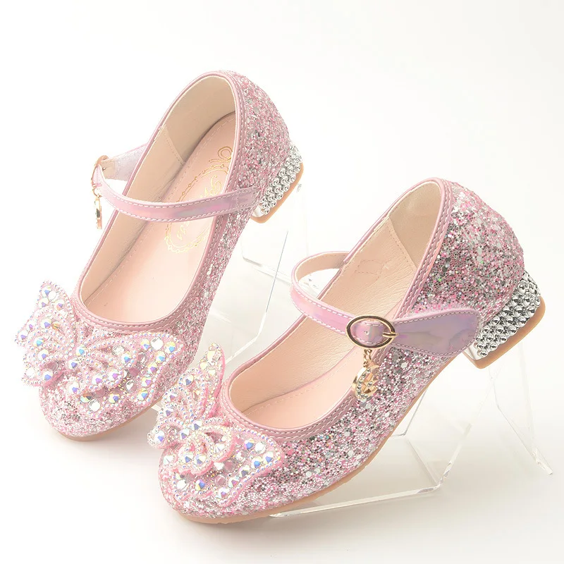 Princess Kids Leather Shoes Girls Flower Sandals Casual Glitter Rhinestone Children High Heel Butterfly Knot Party Dance Shoes