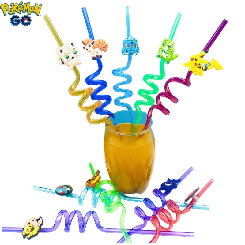 Pokemon Pikachu Reusable Plastic Straws Kids Birthday Party Decor Straws Milkshake Ice Drinks Wedding Party Supplie 1/5/10PCS