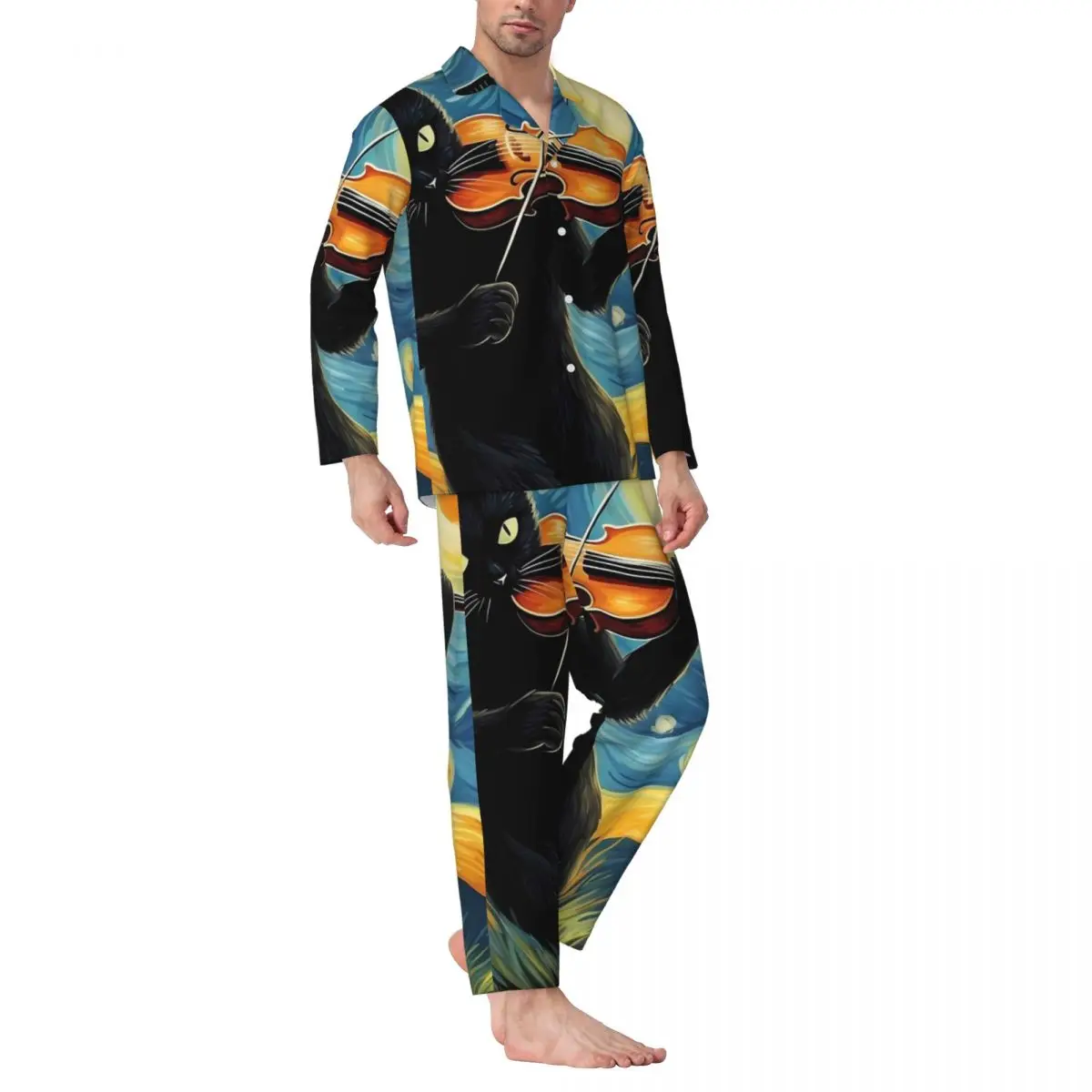 Van Gogh Starry Night Sleepwear Autumn Black Cat Playing Violin Loose Oversized Pajama Sets Mens Long-Sleeve Bedroom Nightwear