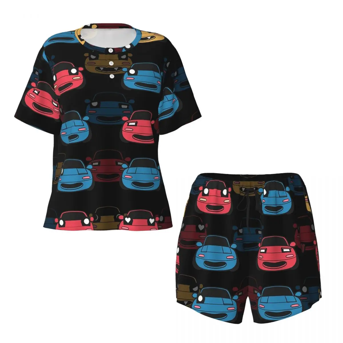 

Cute Miata Face Round Neck Short Sleeves Nightdress for Sleeping Sleepshirts Women Loose Pajama Set Short Pants