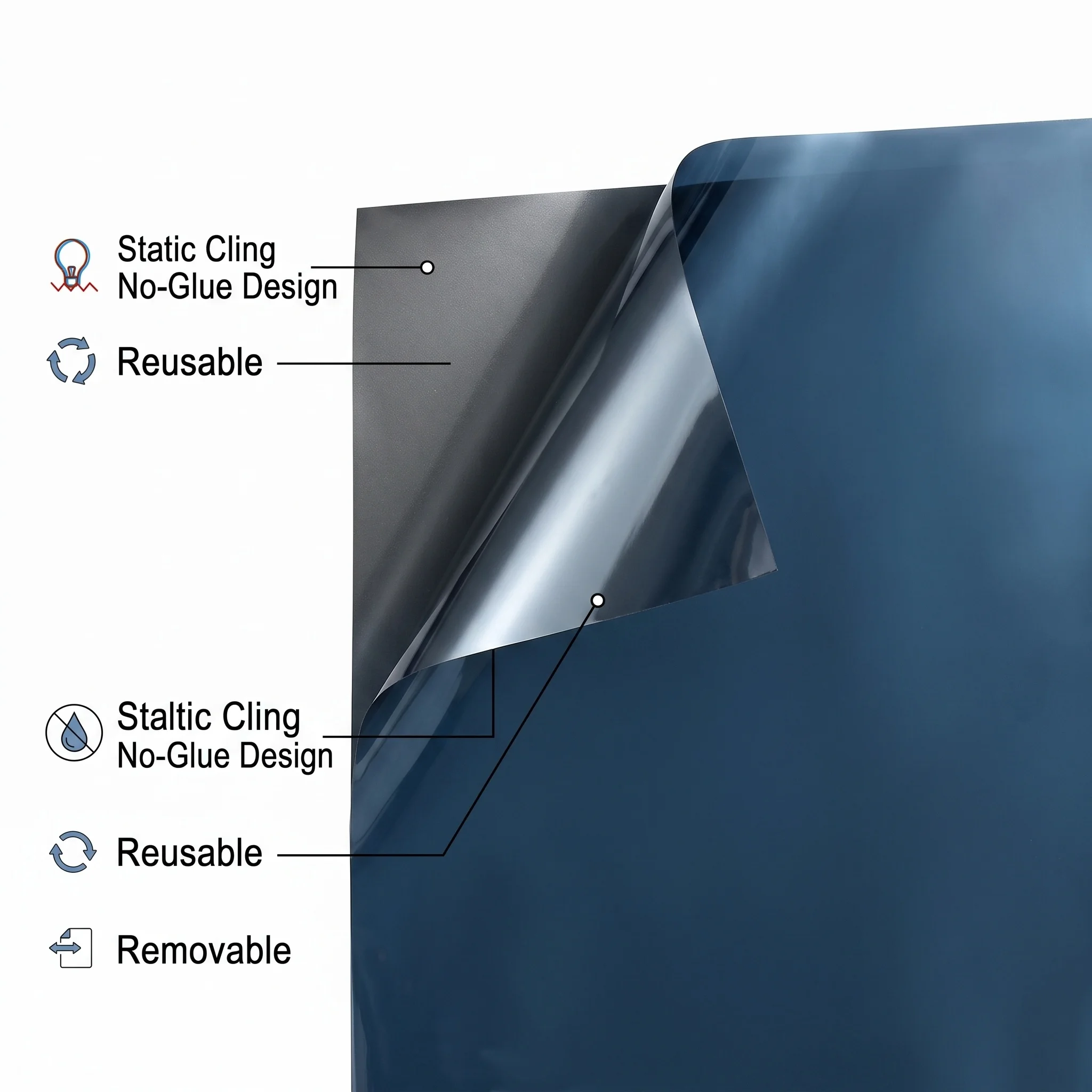 Dark Blue Silver Static Cling Window Film Privacy One-Way Mirror Tint No-Glue Heat And UV Blocking Removable Glass Stick