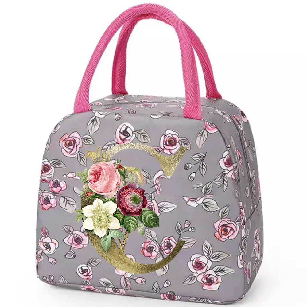 Borsa termica per scatola da pranzo Borsa carina dolce alla moda Borsa per la conservazione degli alimenti Organizzatore per bambini Stampa di fiori grigi Serie di fiori dorati