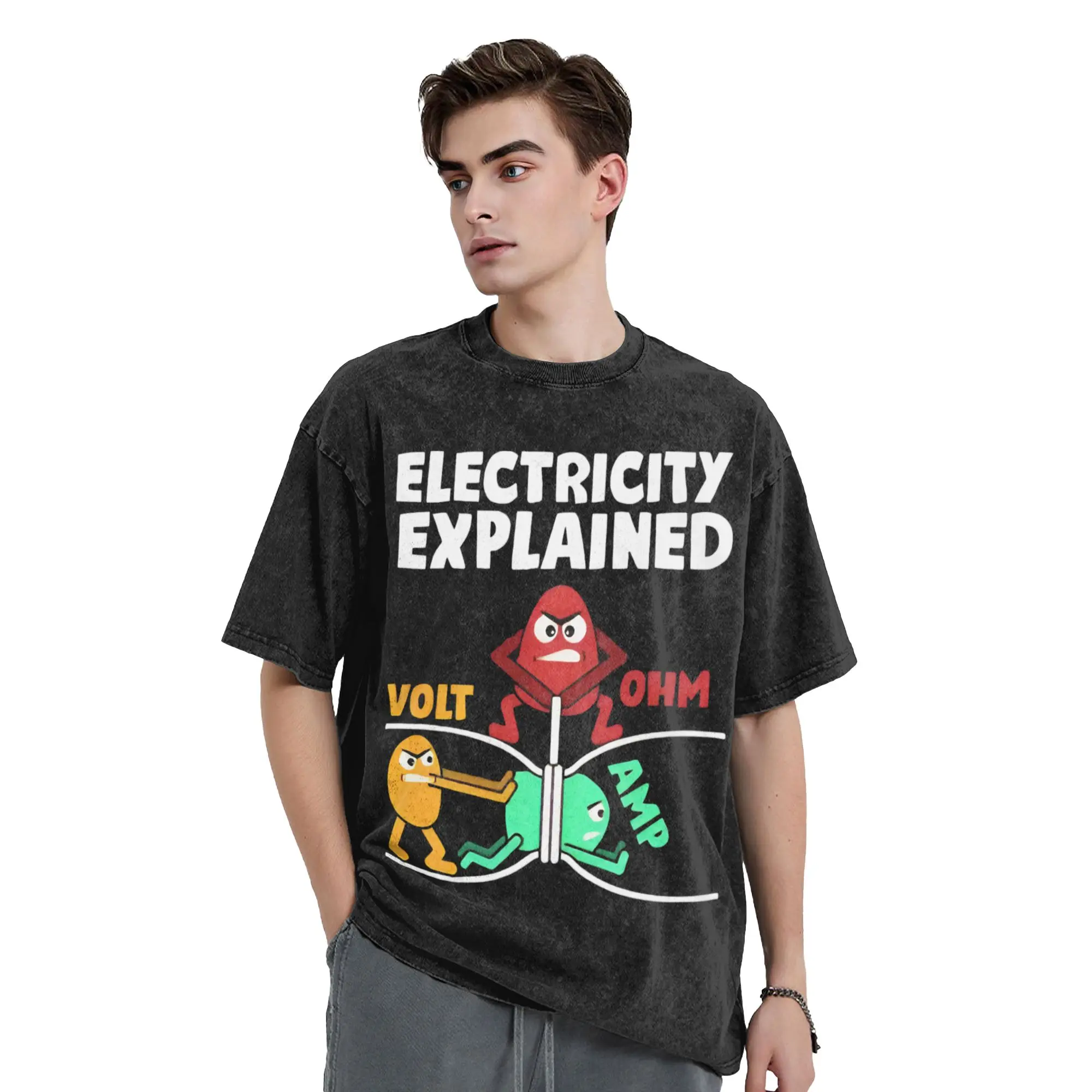 Priting Ohms Law   Electrical Engineer  Vintage Washed T-Shirt Men's Cotton Short Sleeve  Round Neck Summer Tops