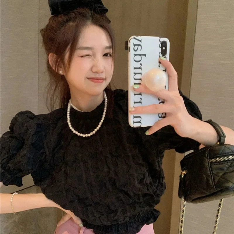 Korean Sweet Solid Color Chiffon Shirt Summer O-neck Pleated All Match Puff Sleeve Shirt Small Fresh Fashion Top Women Clothing