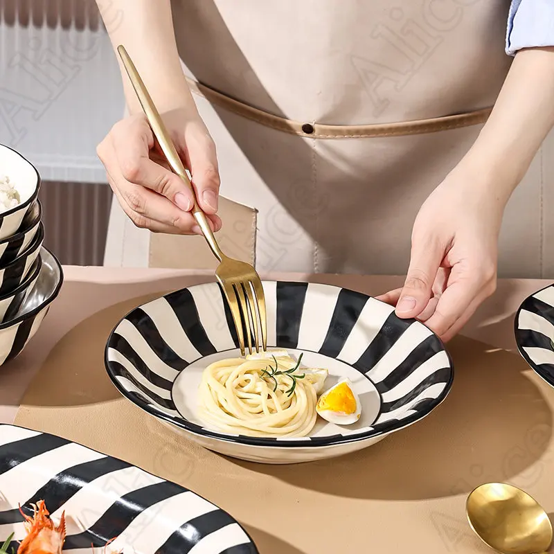 Black White Striped Ceramic Plate Salad Bowl Nordic Simple Spaghetti Dinner Plates Soup Bowls Solid Color Household Tableware