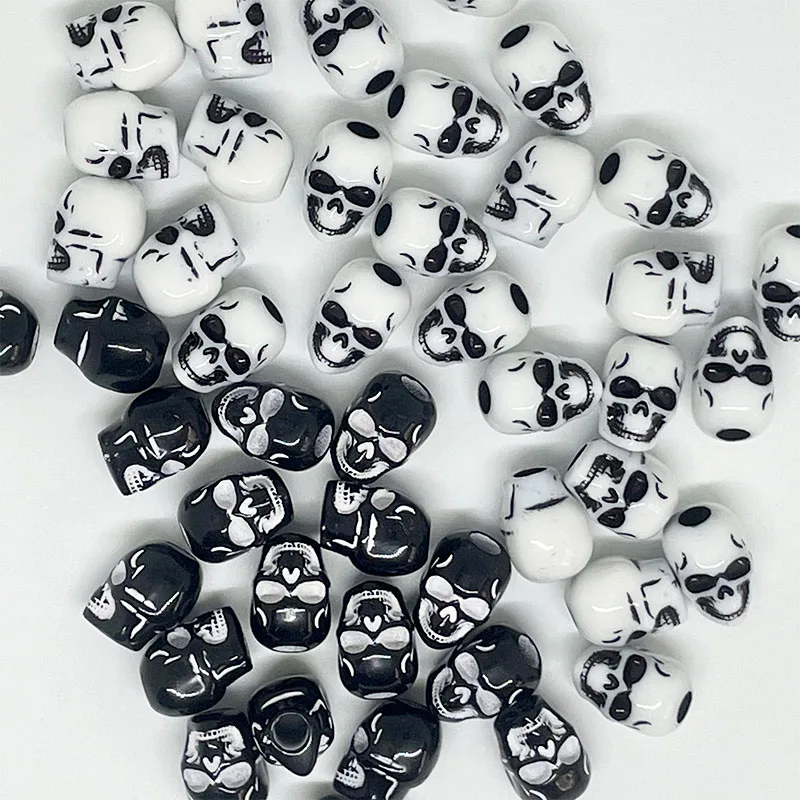 20pcs/Bag tiki hot sale Halloween Skull Beads Acrylic Material 4.8mm Big Hole Black White for DIY accessories Bracelet Necklace