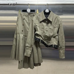 VGH Streetwear Two Piece Sets For Women Lapel Long Sleeve Spliced Belt Jacket High Waist Pleated Skirts Slimming Suit Female New