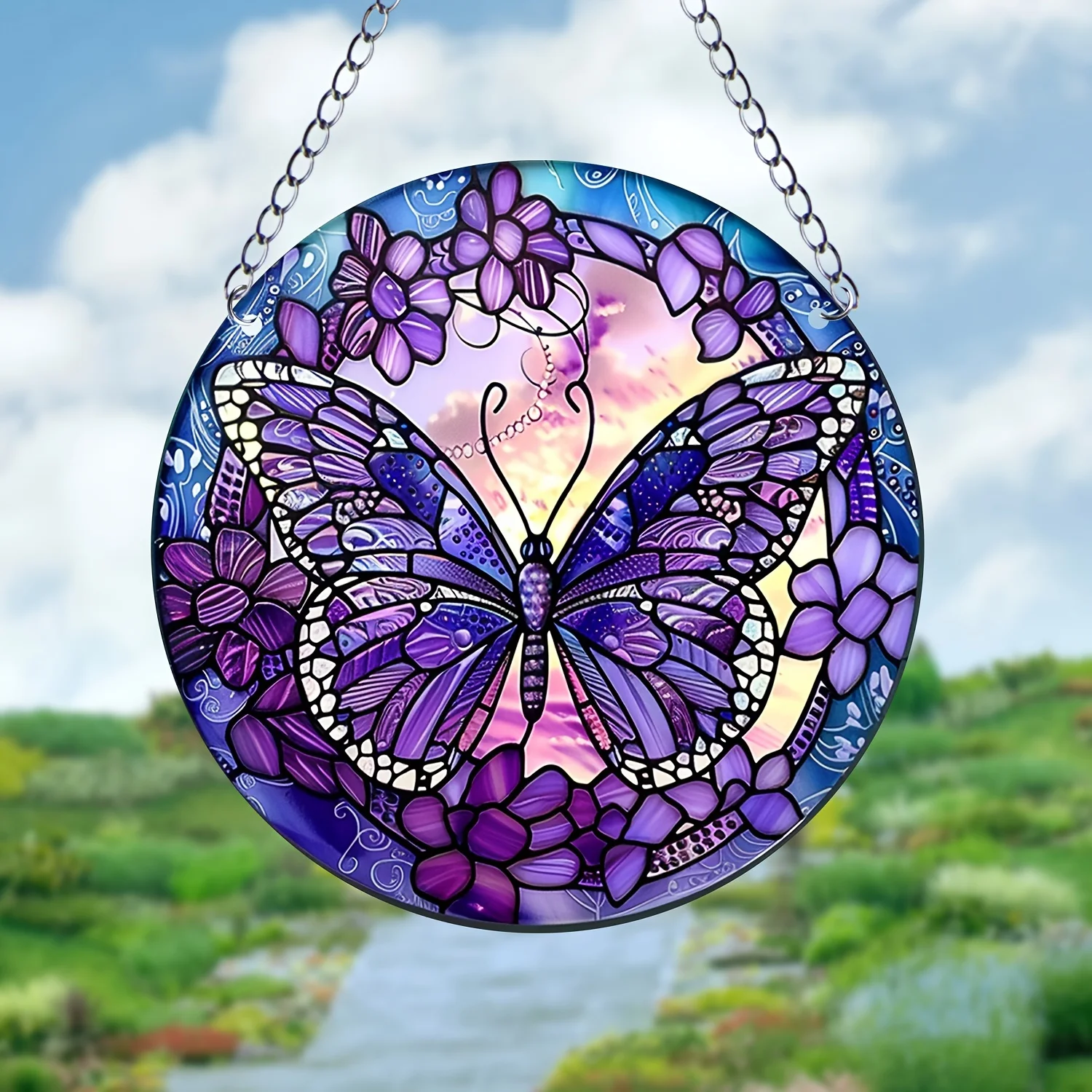 1pc Butterfly Suncatcher Stained Window Hanging Acrylic Round Wreath Sign Yard Garden Home Room Decoration
