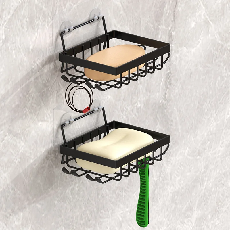 Black Soap Box Wall Mounted Non Perforated Soap Drain Storage Multifunctional Bathroom Shelf With Hooks for Toiletries Storage