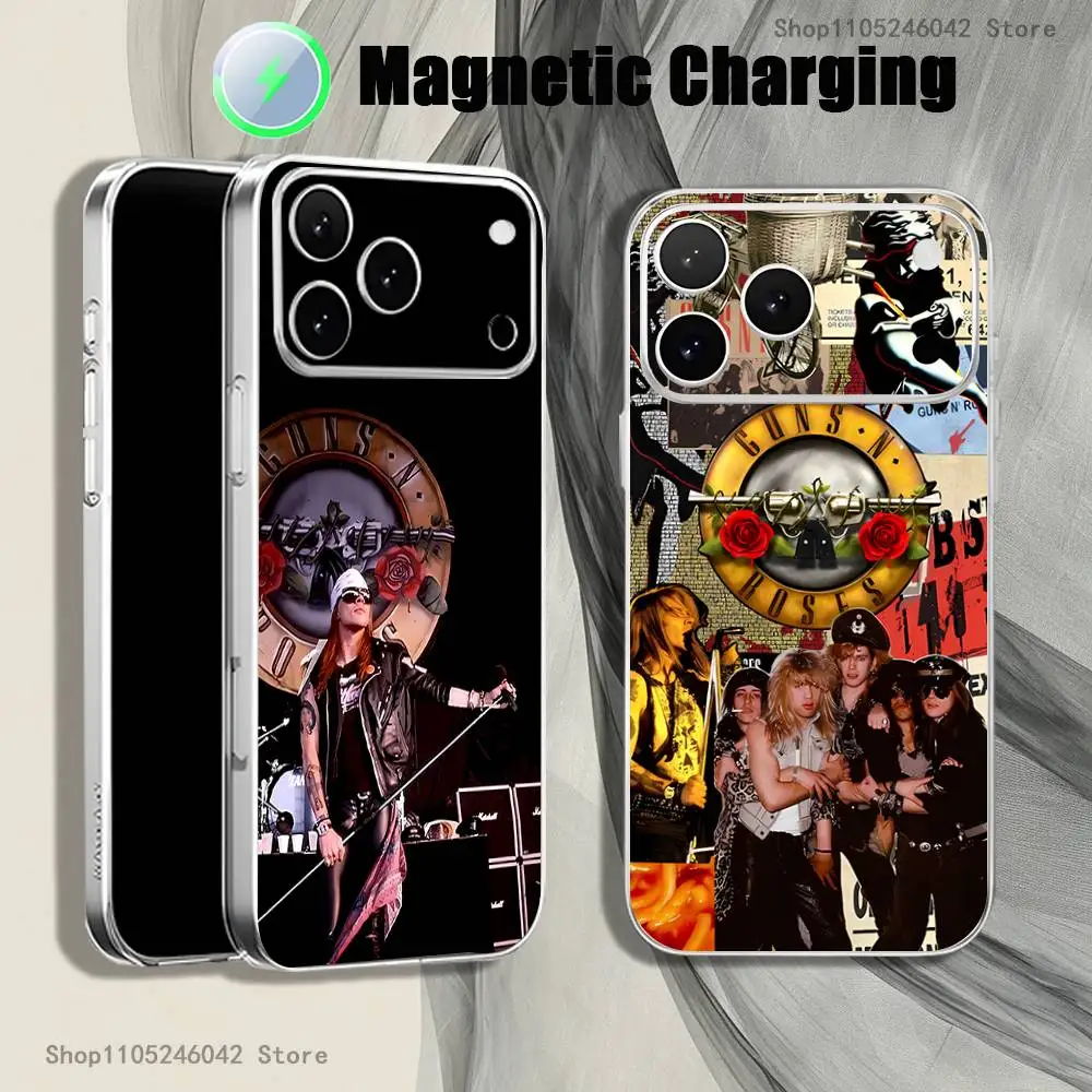 

Band G-Guns N Roses Magnetic Wireless Charging Transparent White Phone Case For iPhone 17,16,15,14,13,12,11,Pro,Max,Plus,Mini,SE