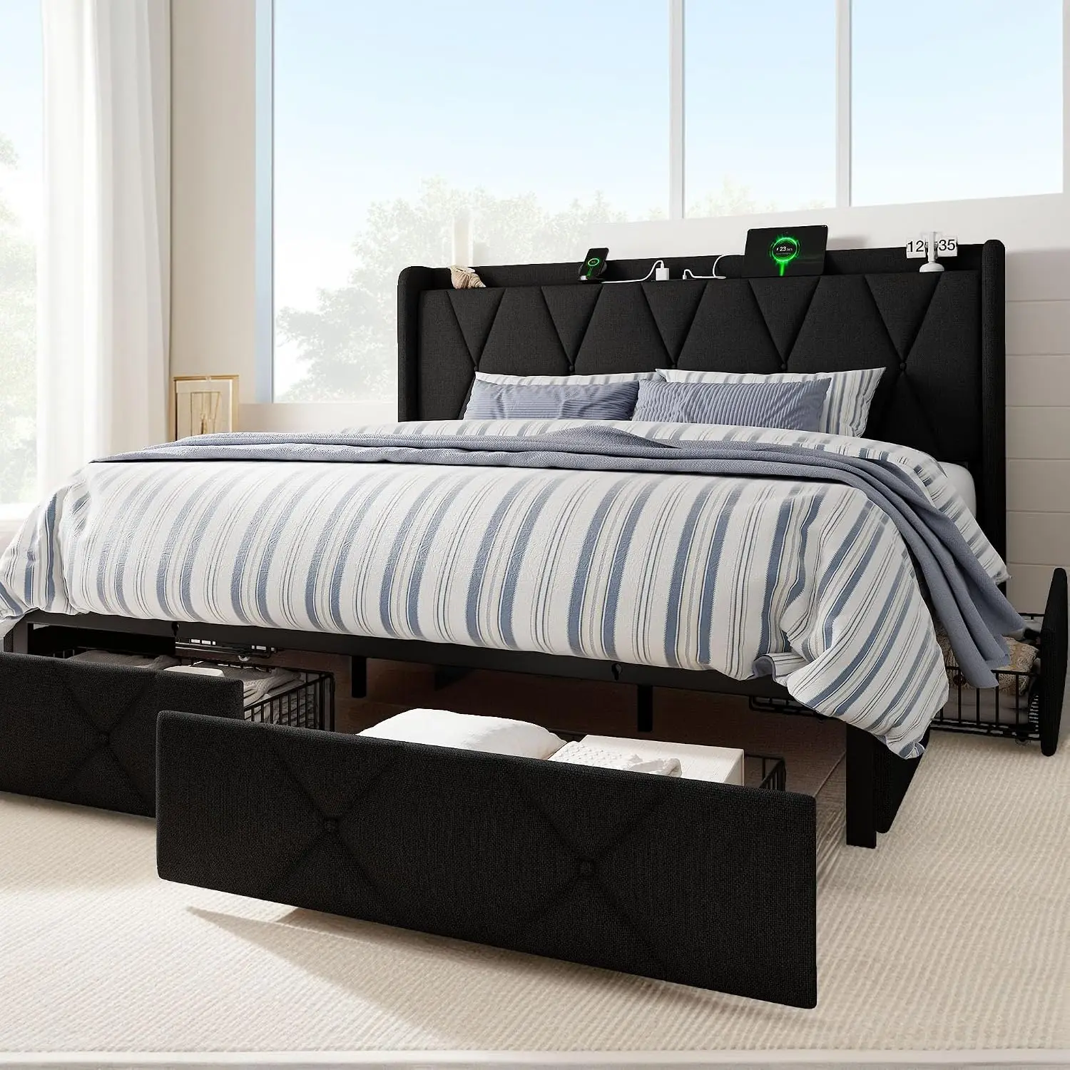 King Upholstered Platform Bed with 4 Storage Drawers, Tufted Wingback Headboard, Charging Station, Noise-Free, Black, Customized