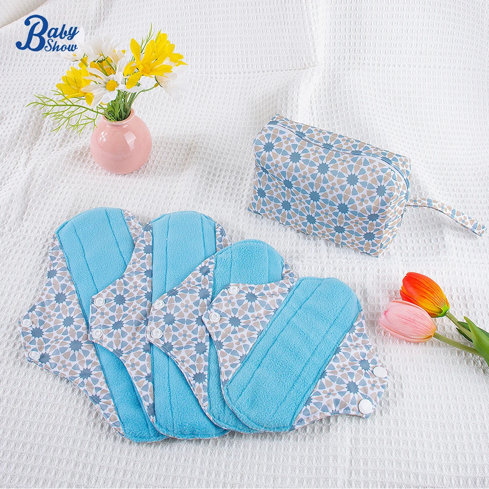 5pcs/Set Sanitary Pads Including 1pc Mini Wet Bag +5pcs Blue Polar Fleece Cloth Menstrual Pads Multicolor Reusable Panty Liners