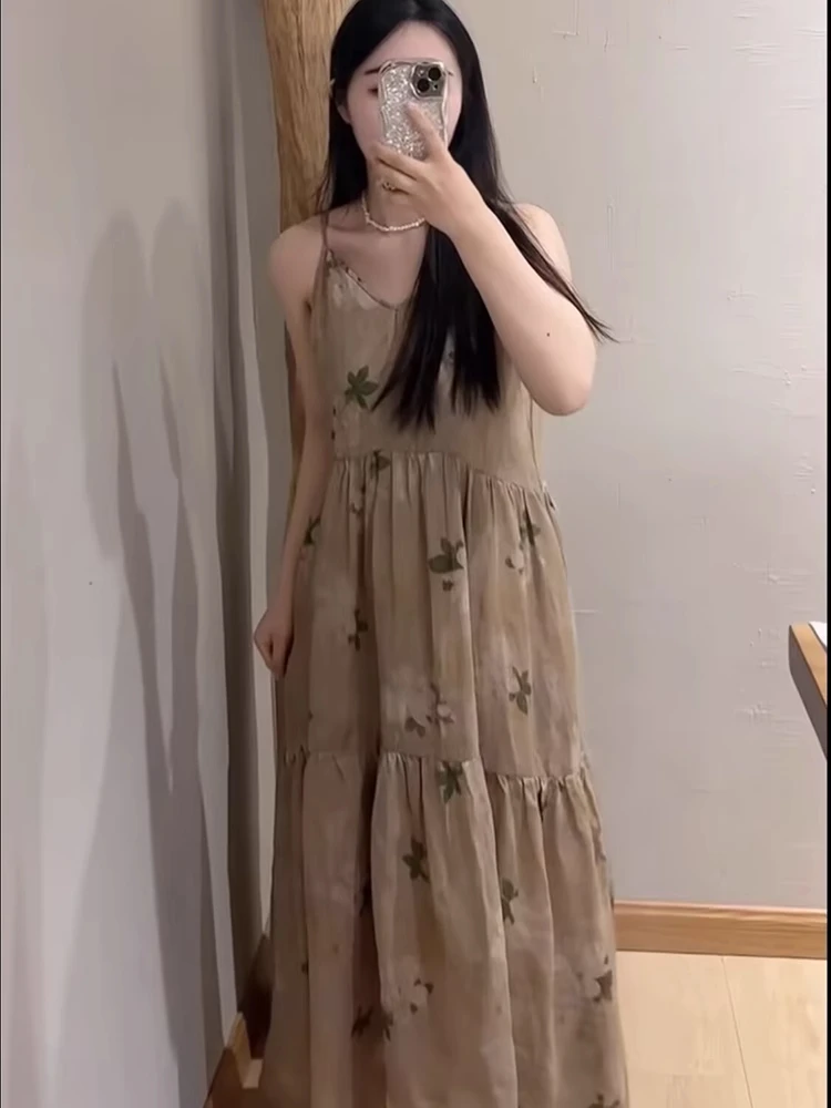 Retro algodón Lino estampado Floral Maxi Dr mujeres verano vacaciones al aire libre Sle reducción de edad adelgazante V-Ne Svel vestido