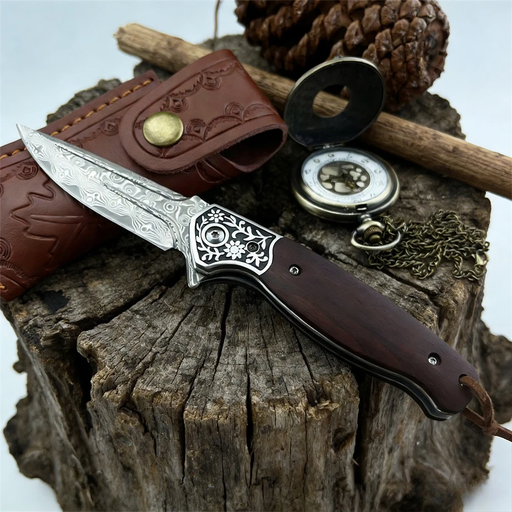 

Складной нож из дамасской стали, рукоять из палисандра с кожаными ножнами, легкое снаряжение EDC для мужчин и женщин