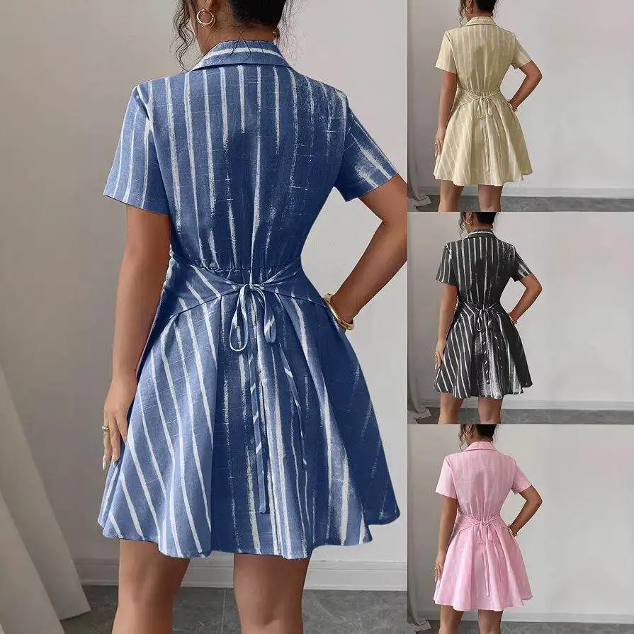 

Elegant V-neck Cross Tie Waist Stripe Shirt Dress for Women Short Sleeve Casual Design Sense Autumn Fashion Women's Dress