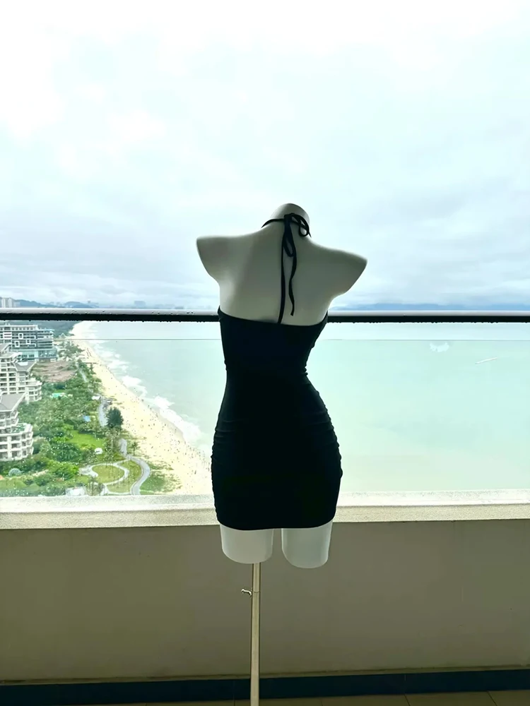 홀터넥 넥 여성 Camis 미니 드레스 Y2K 여름 섹시한 백 레스 스키니 블랙 드레스 streetwear 가슴 패드 힙합 베스 티드와 폴드