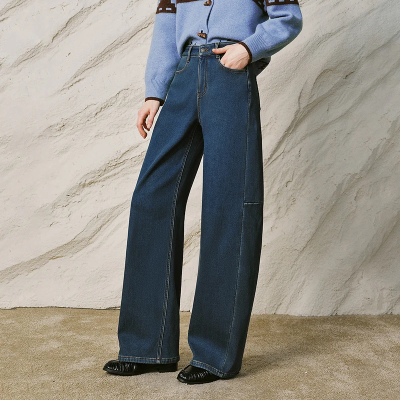 TOYOUTH Women Jeans 2026 Winter New Vintage Blue Fleece Lined Warm Deconstructed Seam Curved Pants