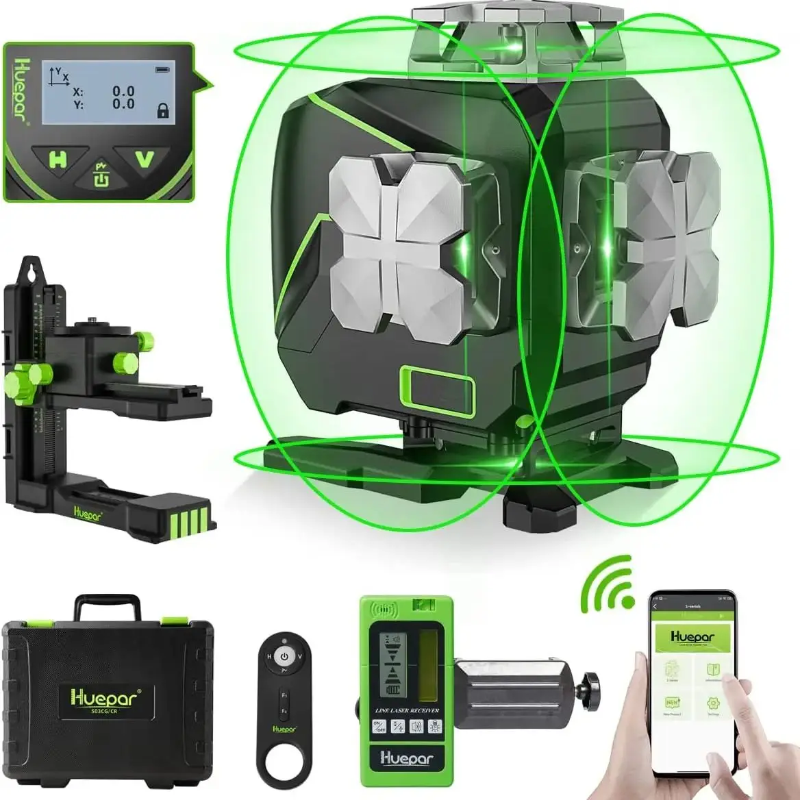 Huepar 4D 16 Linee Livello Laser Autolivellante 4x360 ° Telecomando Bluetooth con schermo LCD a linea incrociata con rilevatore per piastrellatura