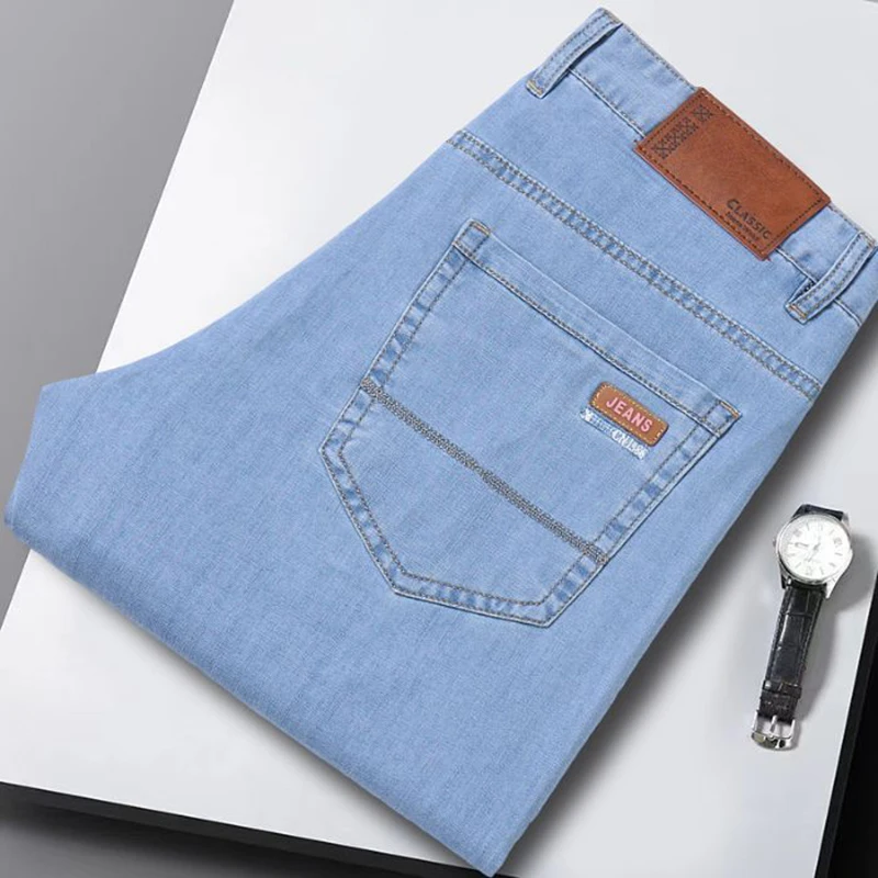 New Ice Silk Thin Denim Jeans For Men Blue Straight Stretch Cotton Pants Business Casual Lightweight Trousers Spring Summer