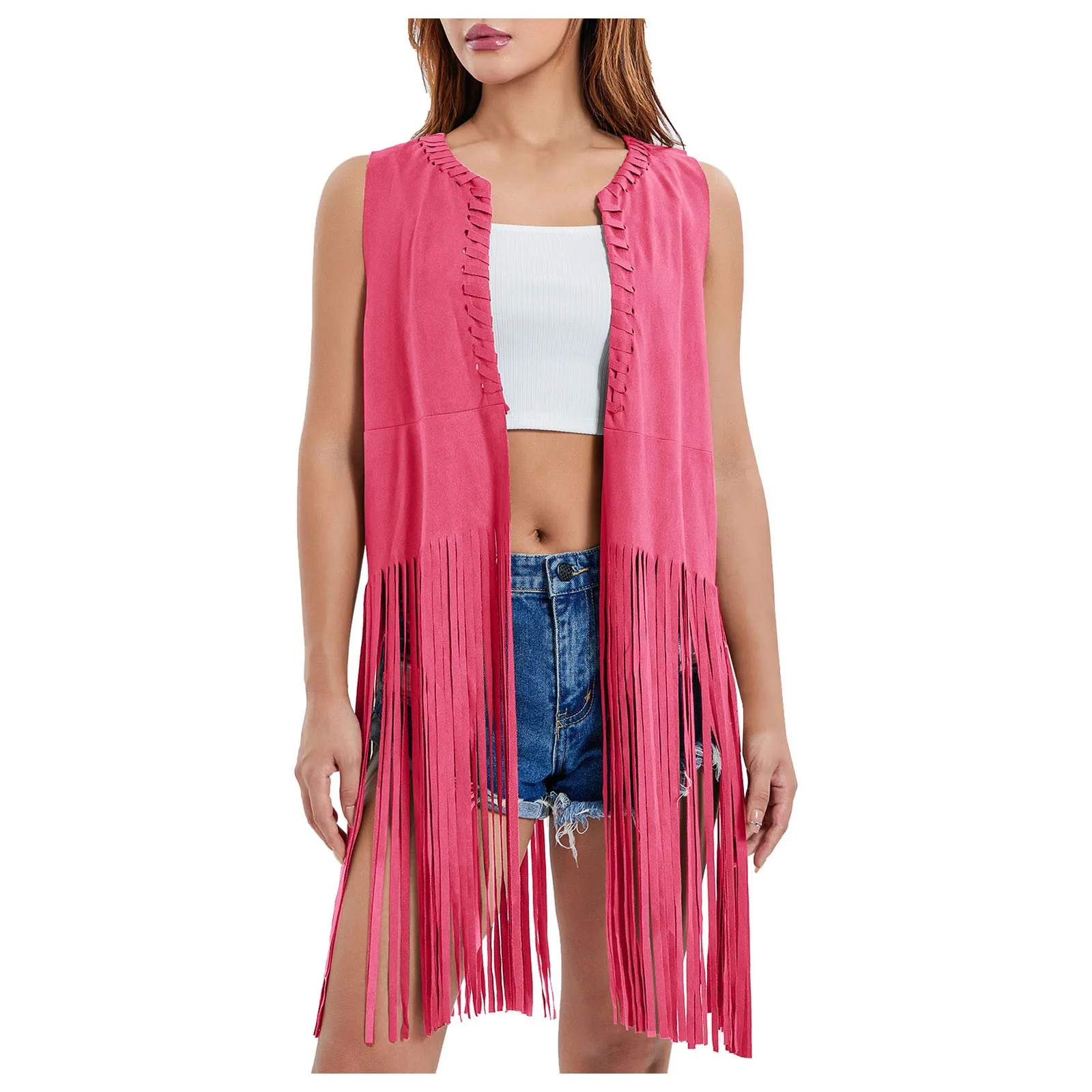 Womens Fringe Vest 70s Hippie Costume Sleeveless Western Faux Suede Tassel Leather Outerwear Womens Lightweight Cardigans