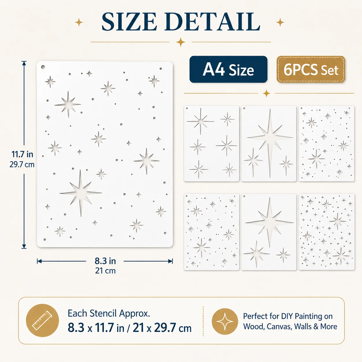 6PCS A4 Star Stencils Set 8.3 x 11.7 in Reusable Painting Templates for DIY Wall Wood Fabric Canvas Decor