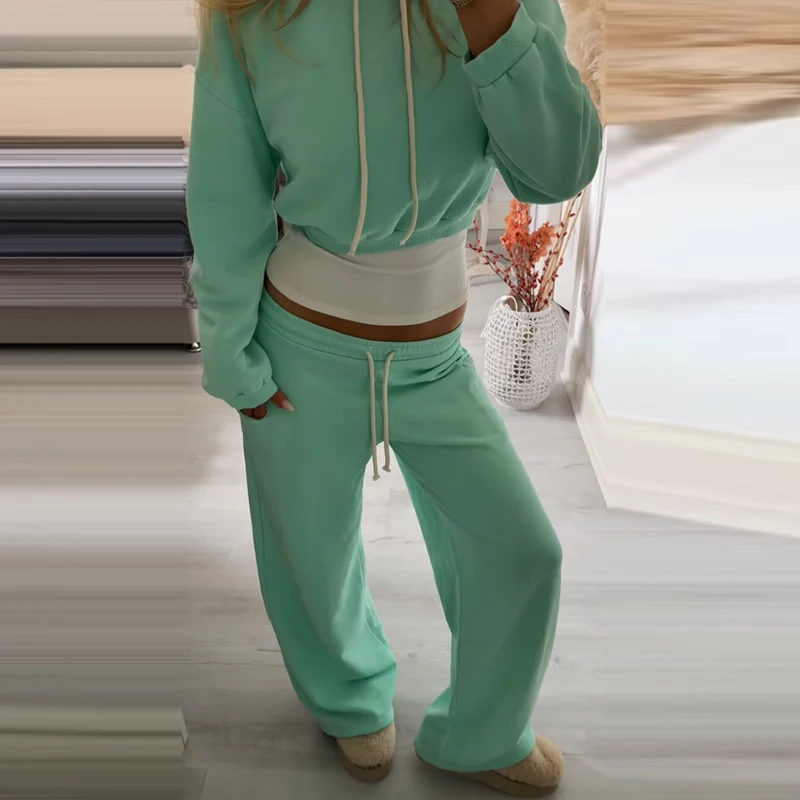 Damen Crop-Hoodie-Sweatset-Outfit, Langarm-Kapuzenpullover mit Kordelzug, Weitbeinige Jogginghose, Trainingsanzug, Lässige Streetwear – Detail 24
