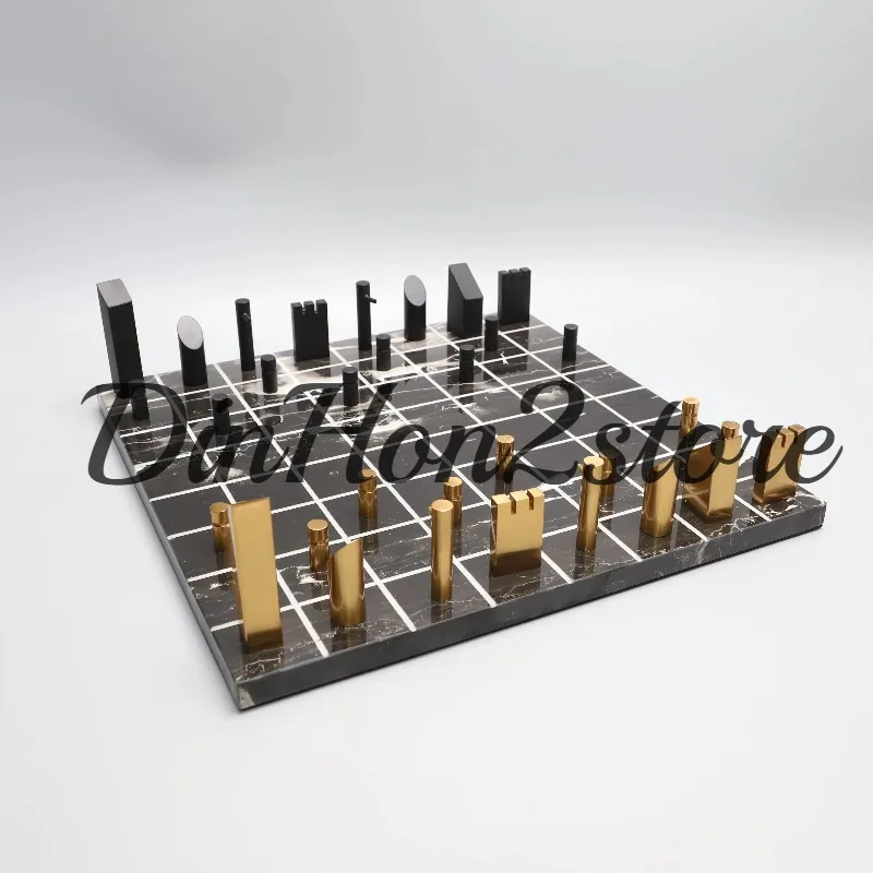 Simple marble chessboard geometric ornament metal chess pieces model room home living room light luxury desktop