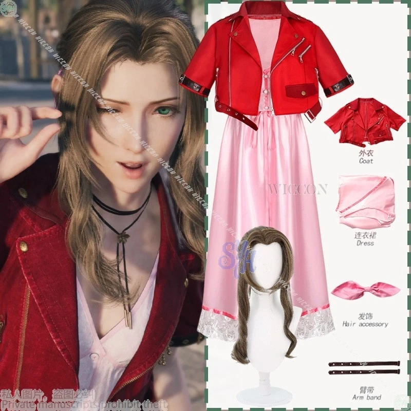 

Anime Fantasy Game FFF7 Cosplay Aerithhh コスプレ Kawaii Red Short Coat Sexy Pink Long Dress Jirai Kei Girls Halloween Christmas