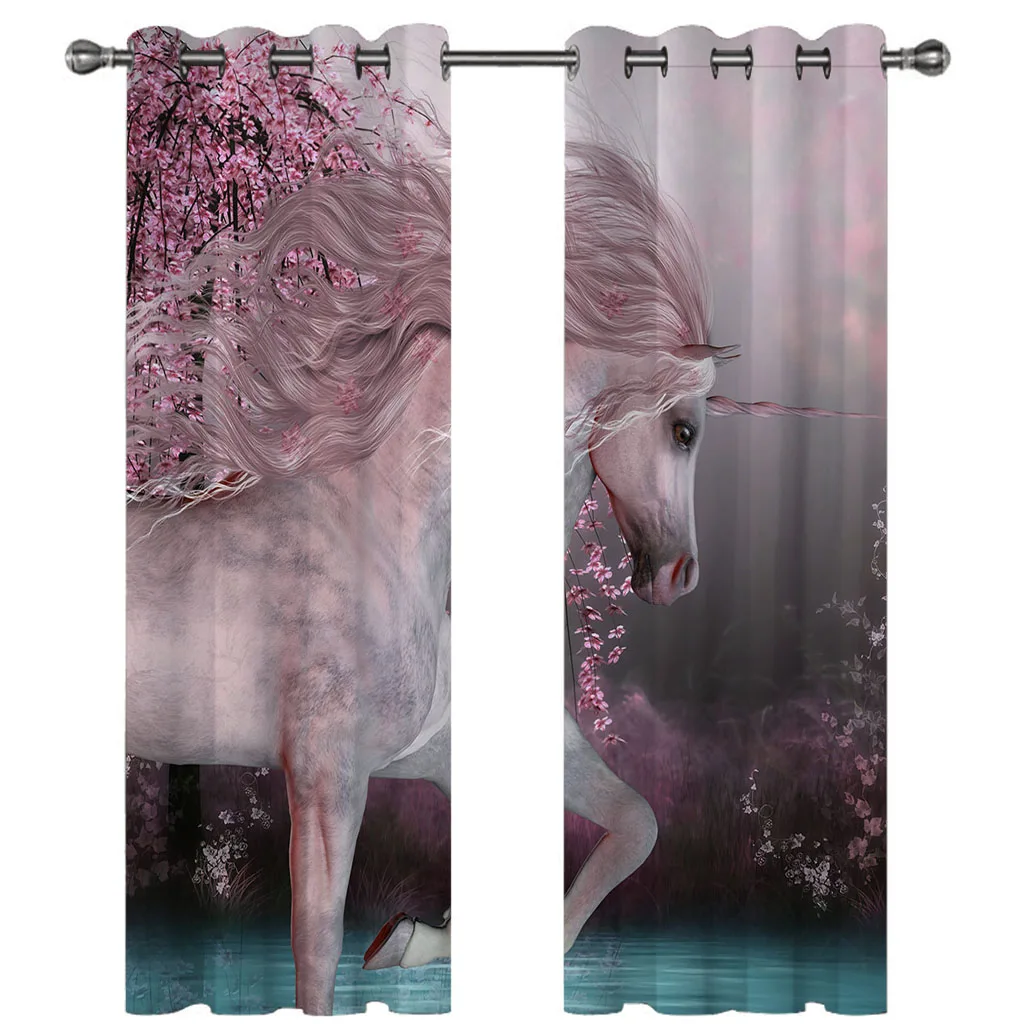 HUANZHUANG Curtain For Children'S Room Pink Flower Animal Horse 3D Cheap Modern Printing Curtain Living Room Bedroom Home