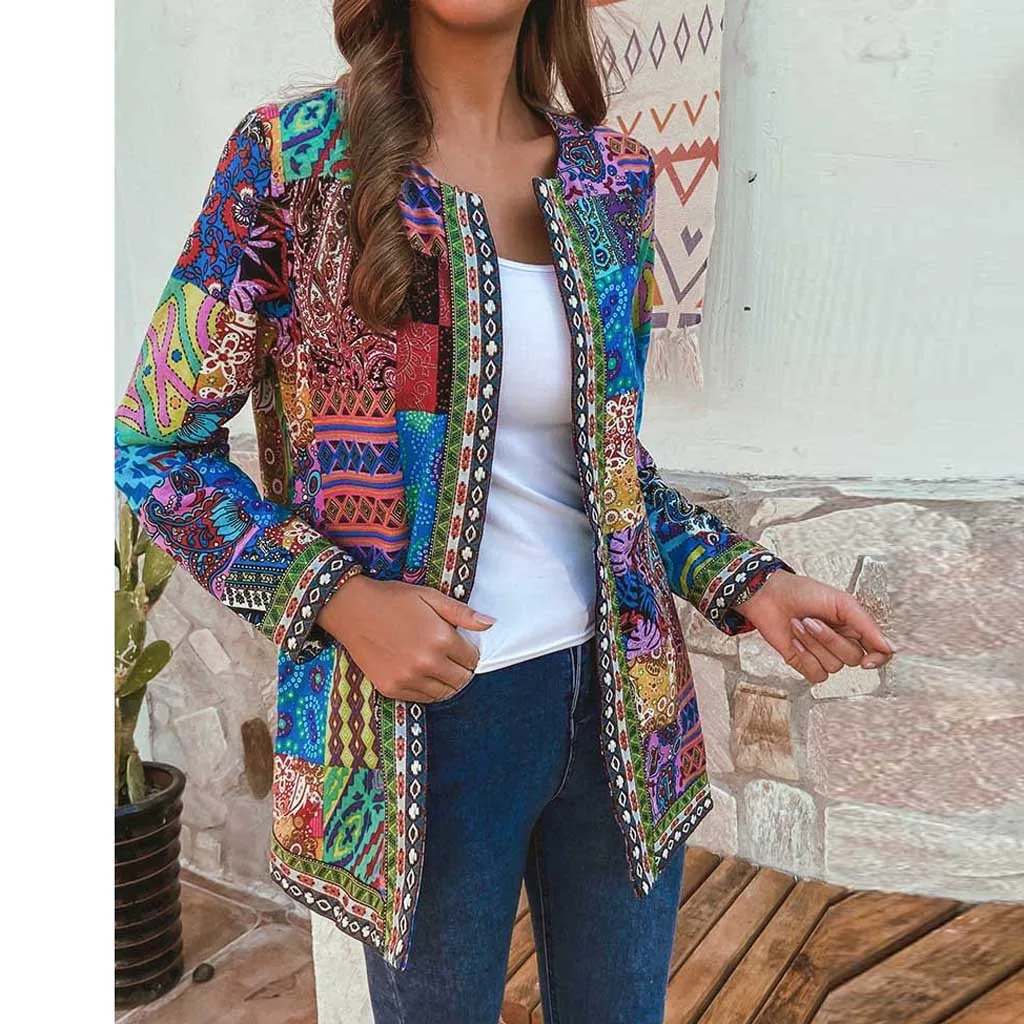 

Women's Retro Ethnic Style Printed Jacket Cardigan Coat Pocket Cardigan Women's Autumn and Winter Wide Cardigan Jacket Coat