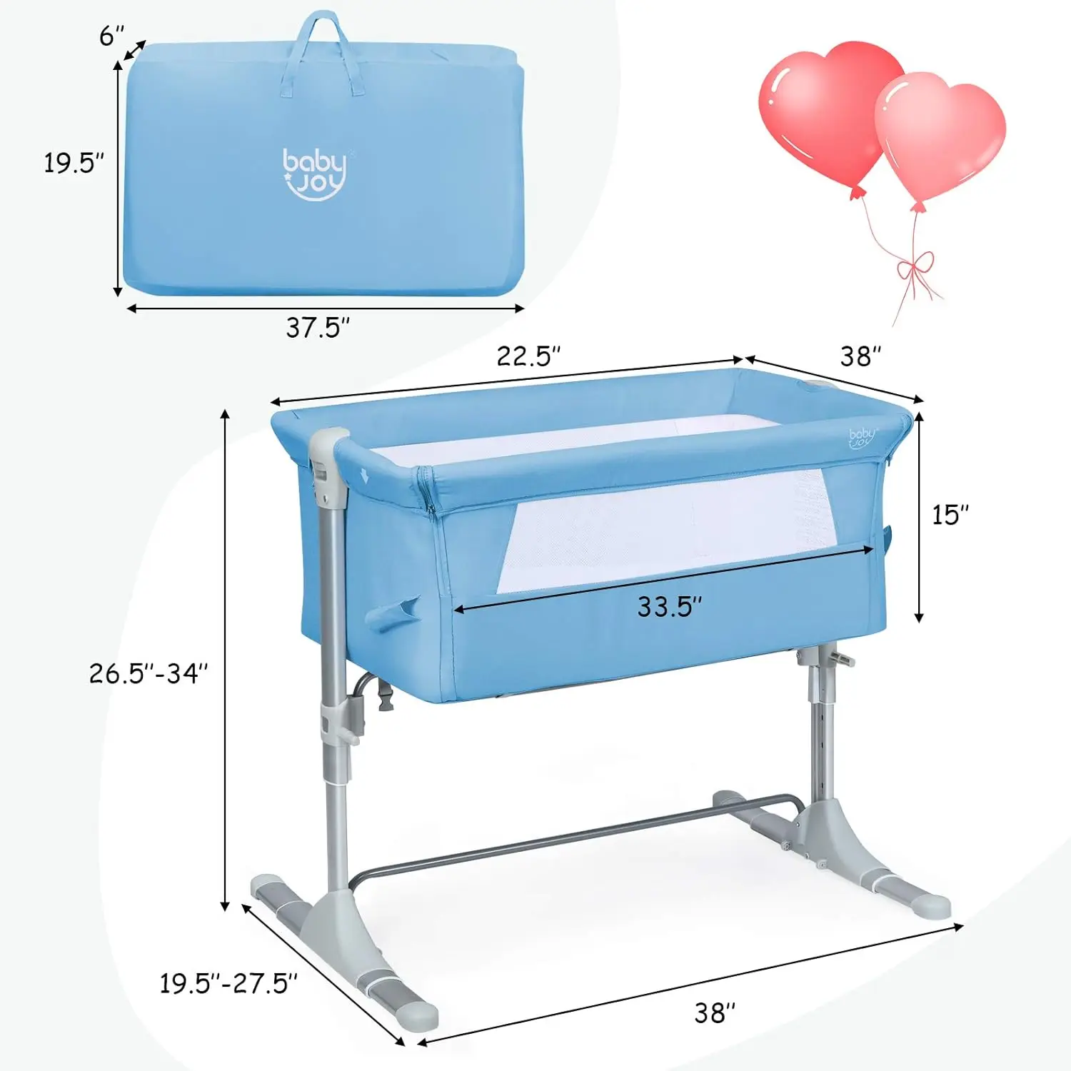 Baby Bedside Crib, Newborn Bassinet Bedside Sleeper, Adjustable Height, Detachable &Washable Mattress, Breathable Mesh, Straps