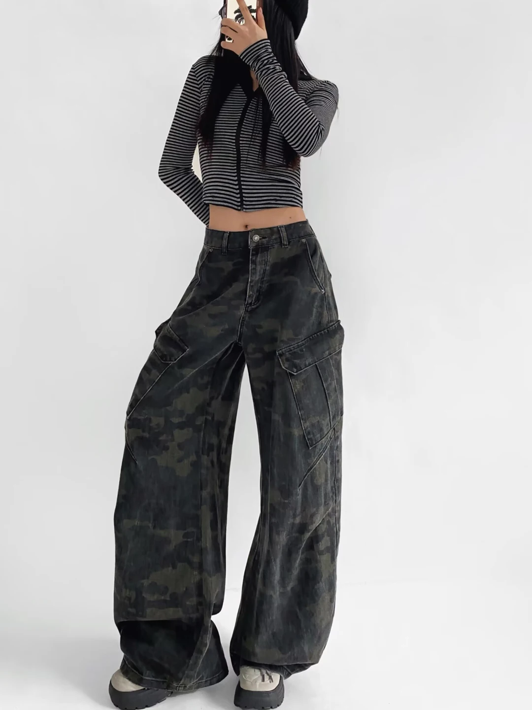 

American Style Camouflage Workwear Jeans High Waist Loose Casual Women's Spring Autumn Cotton Pocket Buttoned Denim Pants