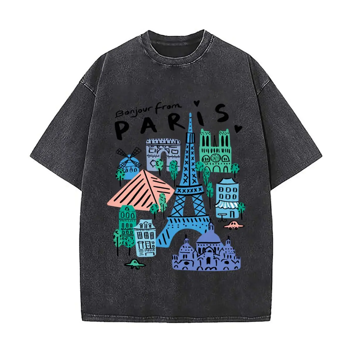 Bonjour From Paris Landmark Doodle Eiffel Tower Notre Dame Vintage Distressed Loose Streetwear Tops