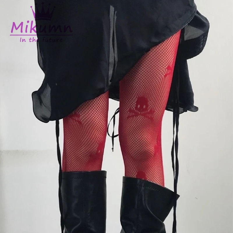 

Harajuku Punk Rock Women's Sexy Stockings Gothic Red Skull Lace Fishnet Stockings Pantyhose Chic Streetwear