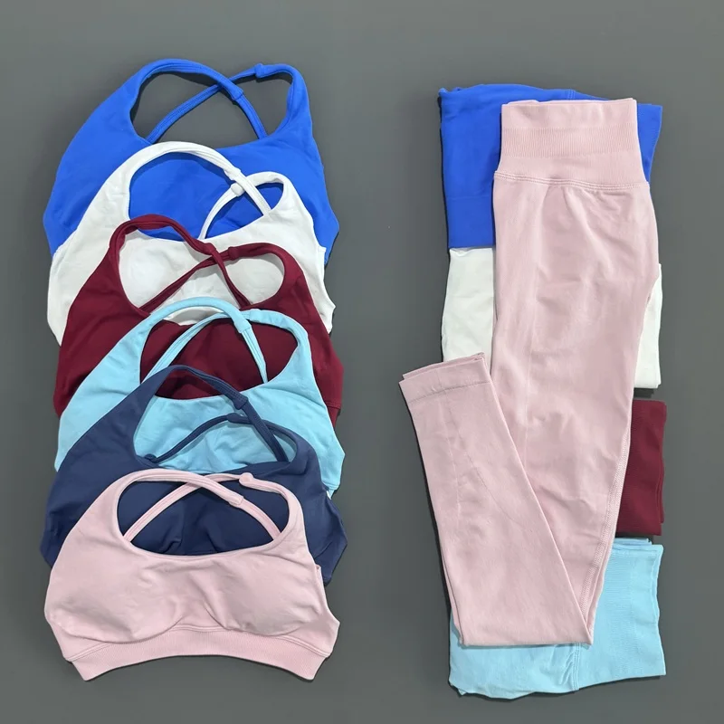 

2Pcs HISTELLO Sports Set Women Asymmetric Bra Top High Waist Workout Scrunch Leggings Sports Suit Seamless Yoga Set Gym Clothes