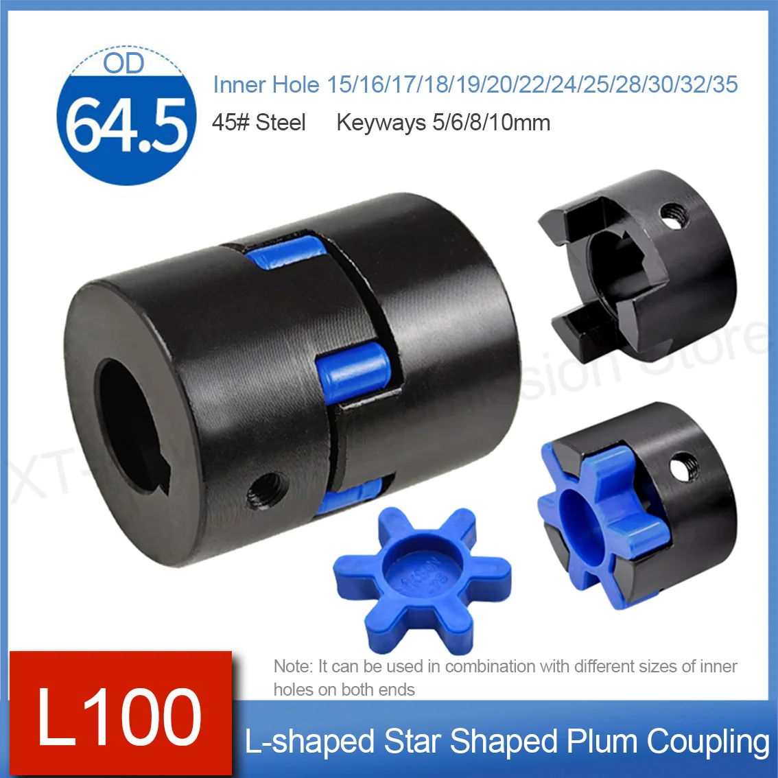 

1Set L100 L-type Three-jaw Coupling OD 64.5mm Bore 15/16/17/18/19/20/22//24/25/28/30/32/35mm Keyway 5/6/8/10mm for Servo Motor