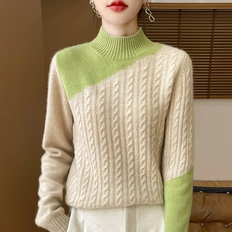 Heavy Industry Twisted Contrast Color Wool Pullover Autumn and Winter New Fashion Women's Warm Long Sleeves Sw