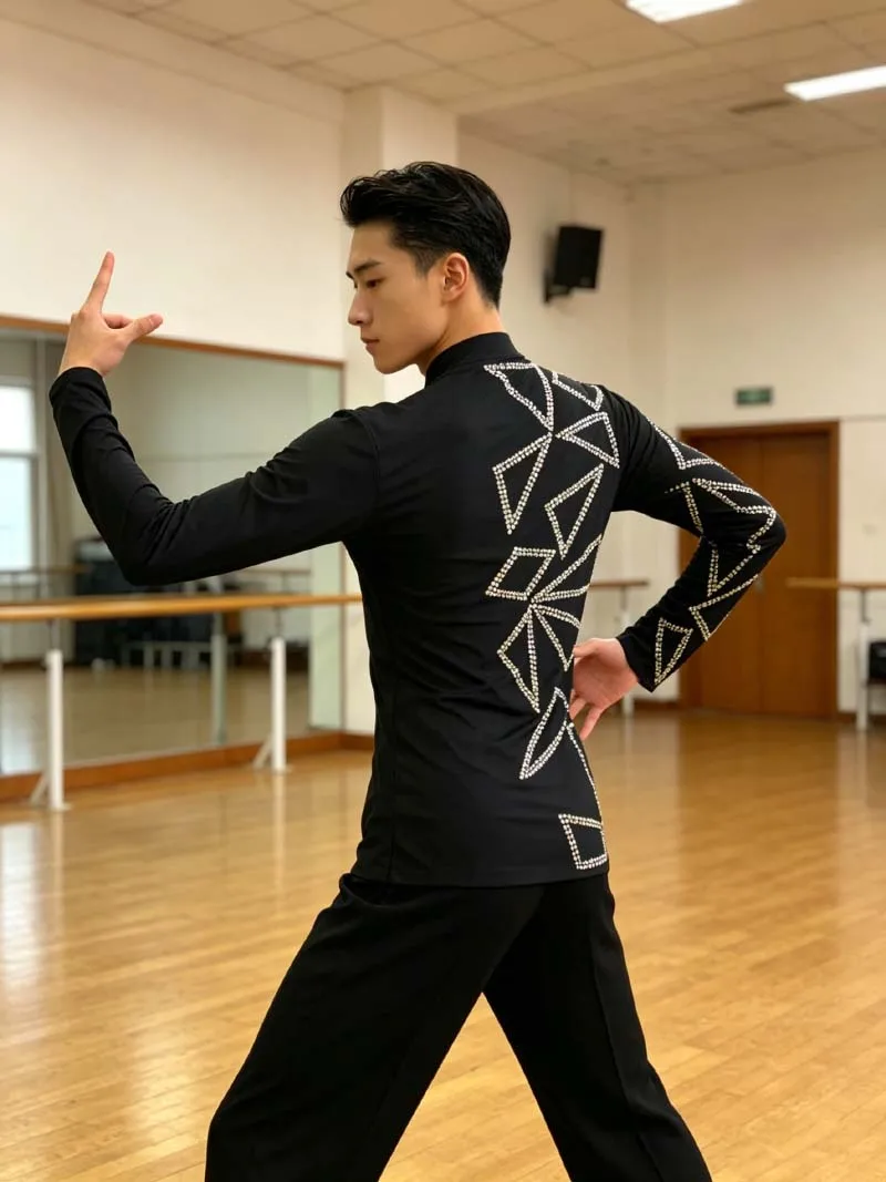 Men Standard Performances Dance Clothes High Quality Long Sleeve Advanced Tuxedo Drill Latin Ballroom Waltz Dancing Wear