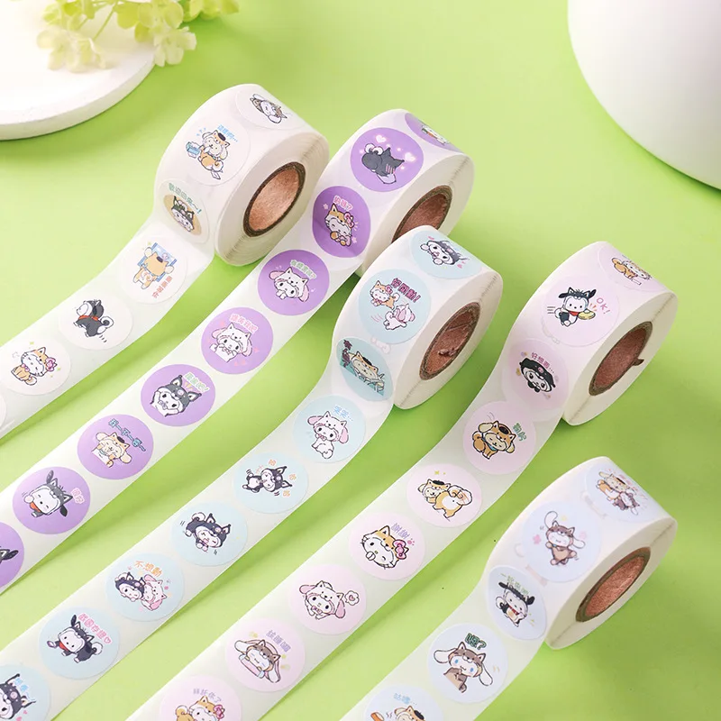 500Pcs/Rolls Kawaii Sanrio Emoticon Bag Round Seal Stickers Cute Hello Kitty Kuromi Pachacco Stationery Sticker School Supplies