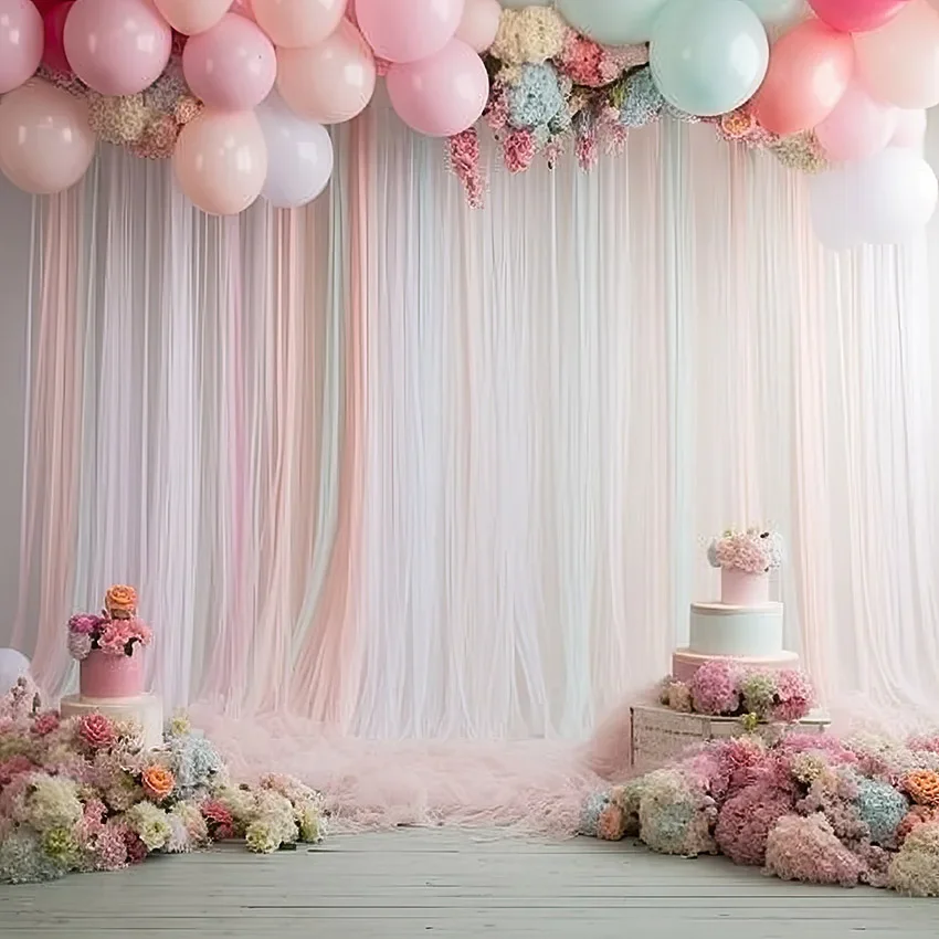 Mehofond Photography Background Pink Floral Rainbow Balloon Kids Birthday Party Cake Smash Portrait Decor Backdrop Photo Studio