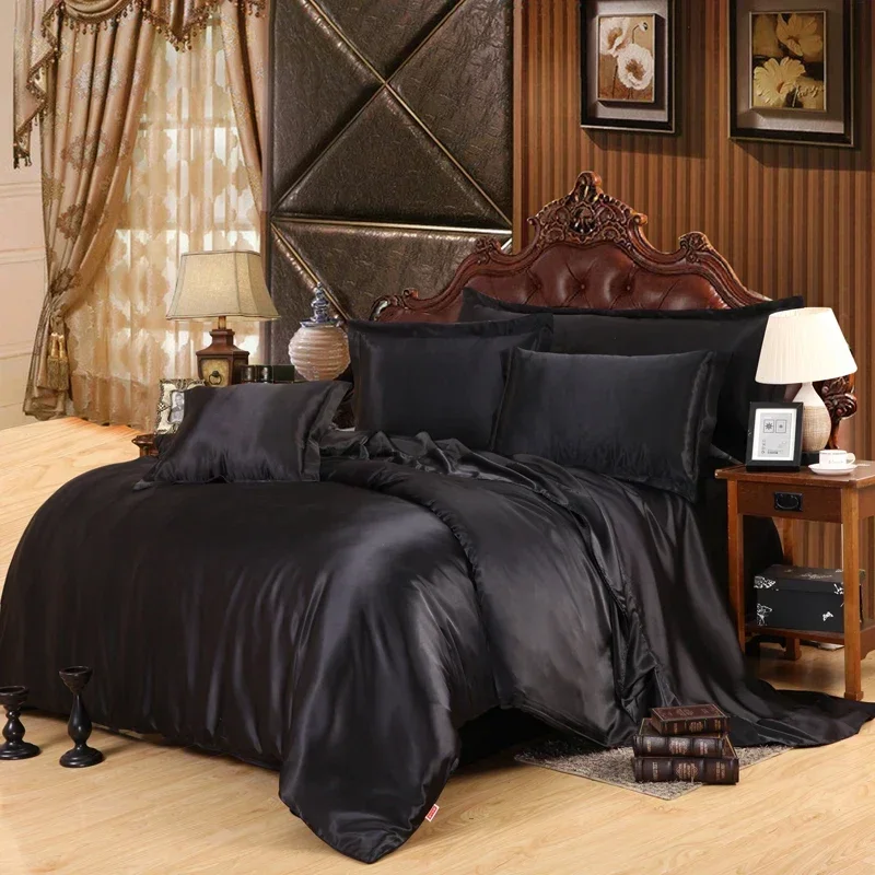 Satin Black Bedding Set With Duvet Cover Bed Sheet Pillow Cover Luxury Satin Bedding Bed Linen King Queen Twin Size