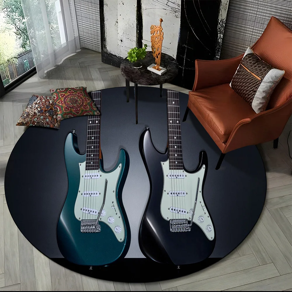 Electric & Classical Guitar Round Carpet – Musical Instrument Design Non-Slip Rug for Living Room, Bedroom, Playroom, Pet Area