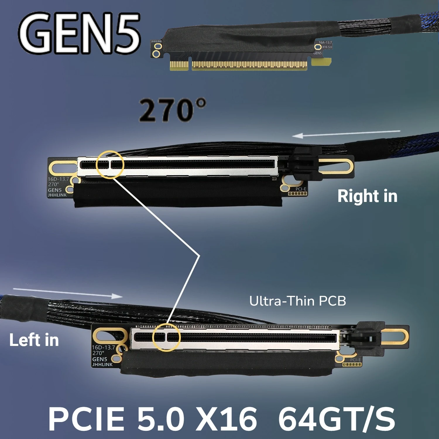 

Upgraded 270 Degree PCI-E 5.0 X16 Graphics Card Extension Cable Silver Plated Adapter GEN5.0 Lossless GPU Extension Cable 64GB\S