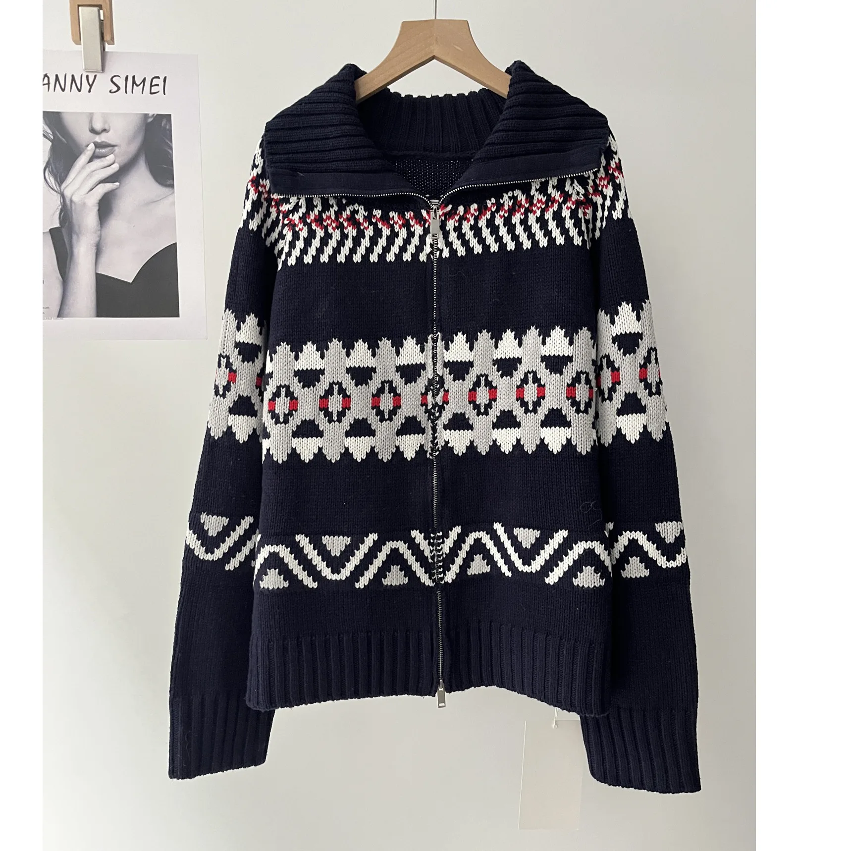 

Vintage lapel sweater women's winter new geometric jacquard knitted cardigan 077-1868