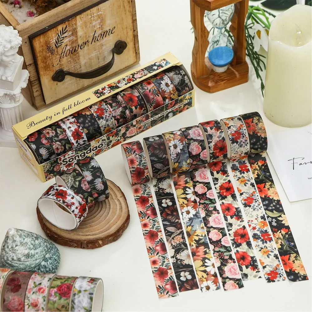10 Rolls/Set High Quality Retro Flowers Washi Tapes PET Multipurpose Scrapbooking Stickers Colorful Deco Stickers